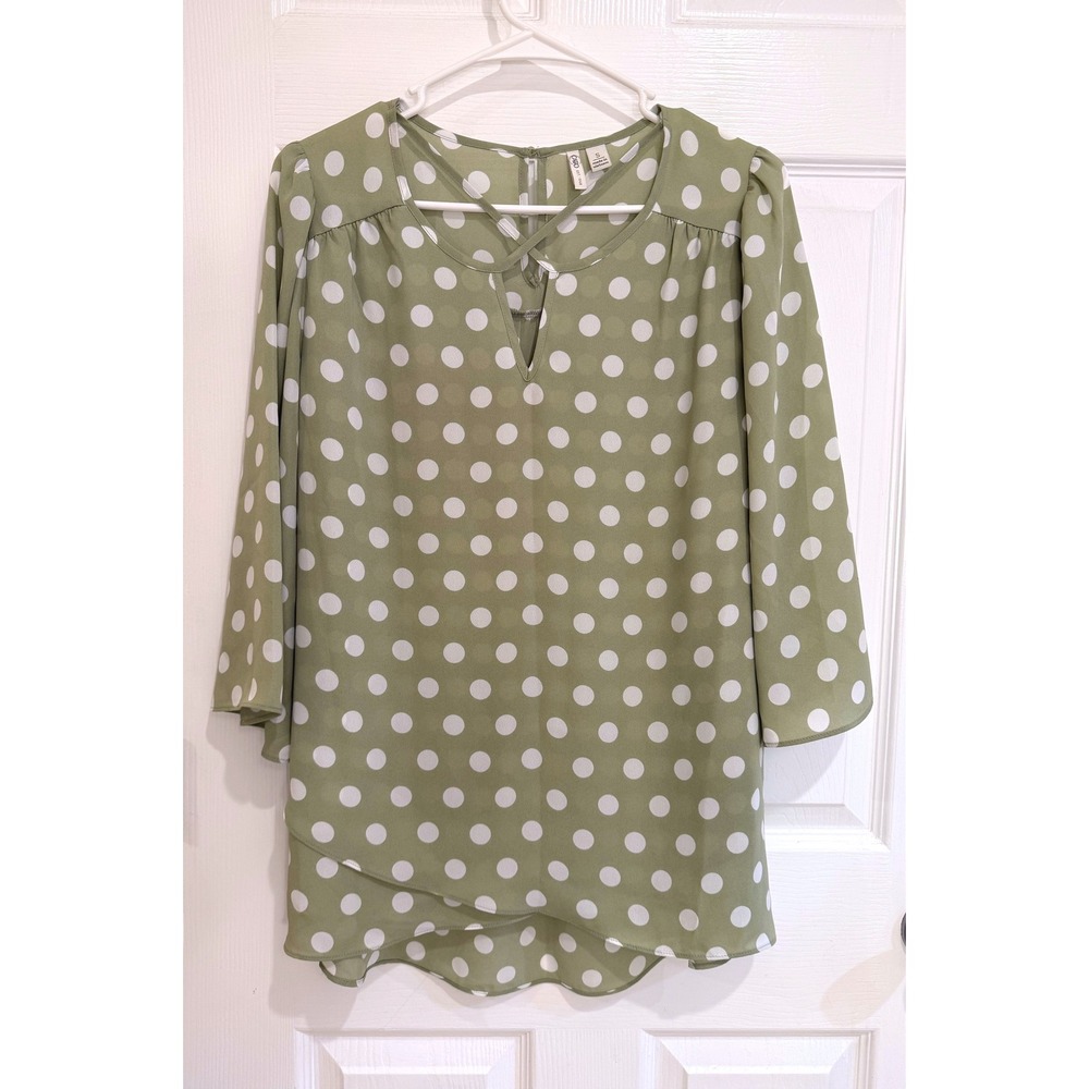 Cato‎ Polka Dot Blouse Criss Cross Neck 3/4 Sleeve Top Green White S